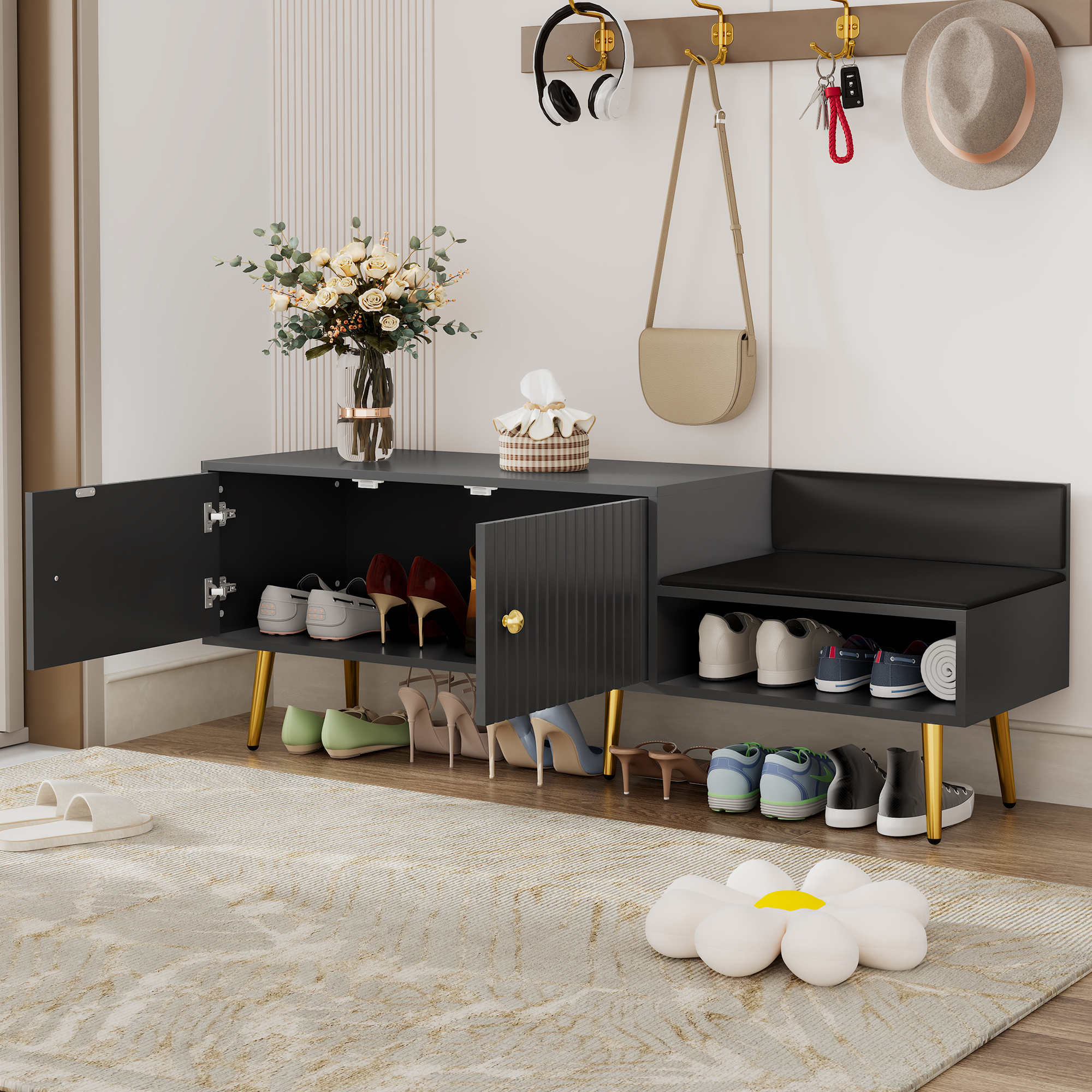 TREXM Modern Shoe Storage Bench with Hidden Storage and Upholstered Cushions for Bedside, Living Room and Entryway (Gray) - Image 8