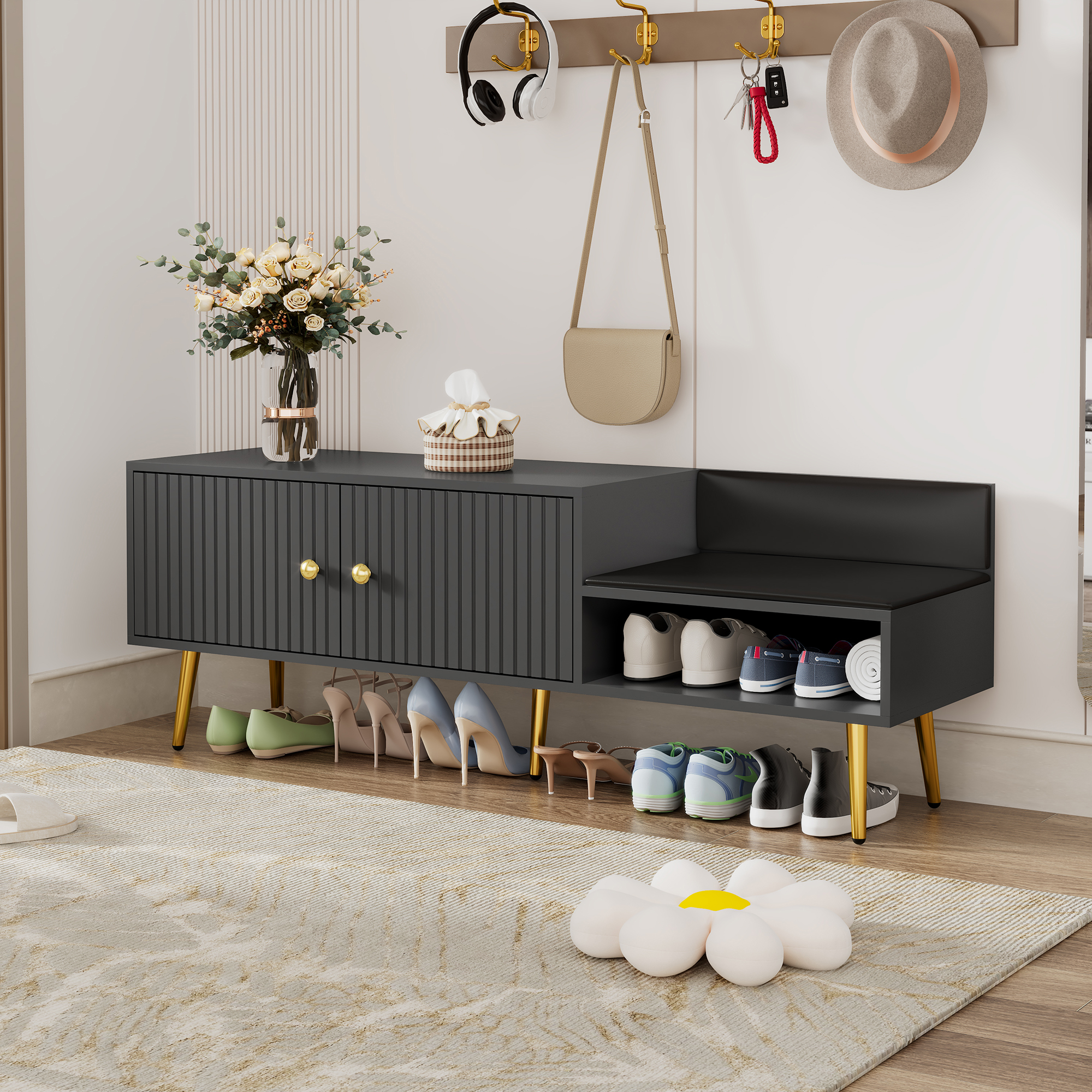 TREXM Modern Shoe Storage Bench with Hidden Storage and Upholstered Cushions for Bedside, Living Room and Entryway (Gray) - Image 2