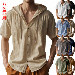 Casual Linen Hooded Shirt Solid Color Breathable Cotton And Linen Short-sleeved shirt