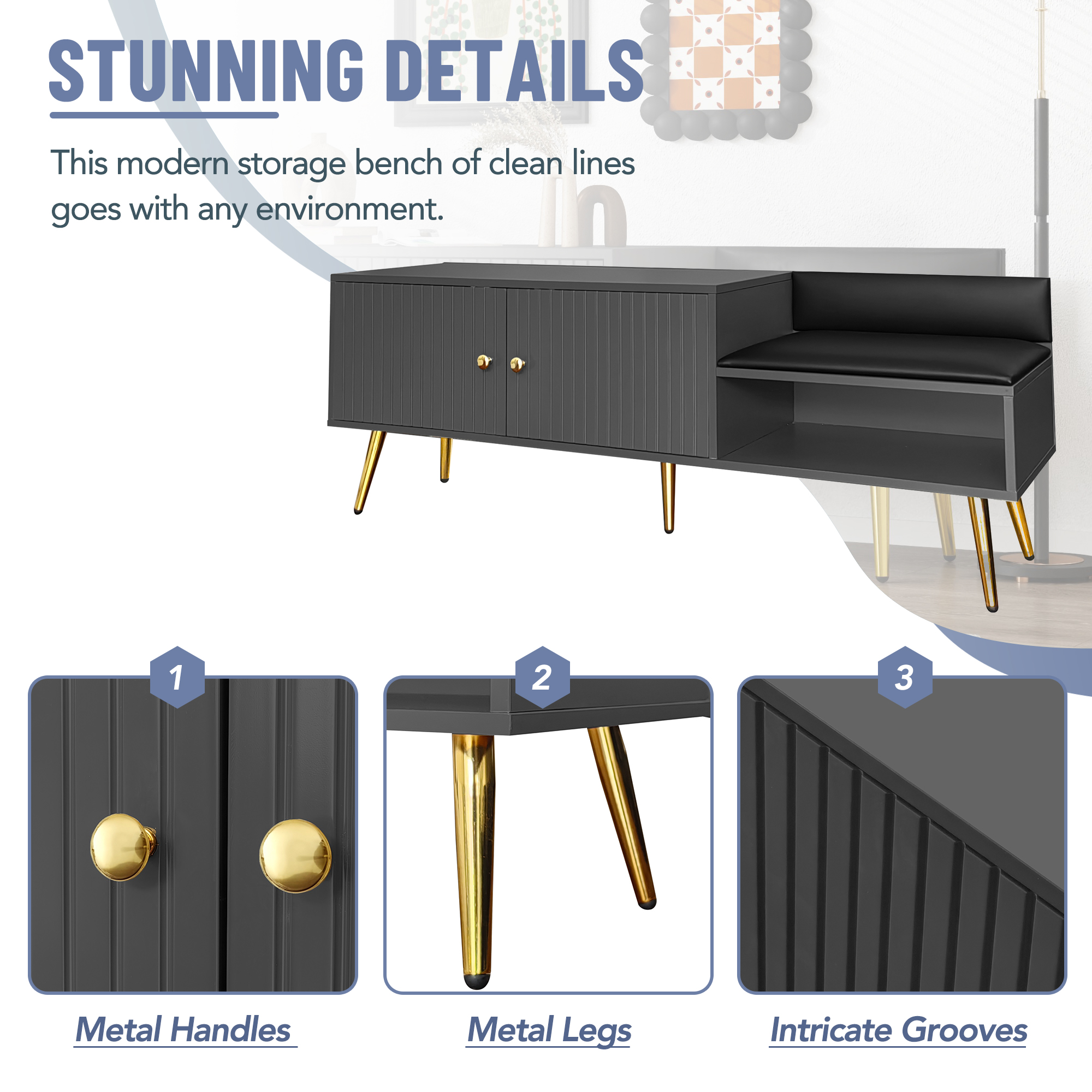 TREXM Modern Shoe Storage Bench with Hidden Storage and Upholstered Cushions for Bedside, Living Room and Entryway (Gray) - Image 7