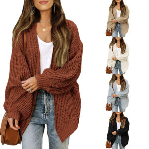 Cotton Blend Women's  Solid Color Loose Knitted Cardigan Chunky Knit Sweater For Women