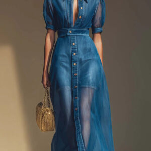 Exquisite And Fashionable Front-Button V-Neck Short-Sleeve Jacket, Organza Blue Faux Denim Long Skirt