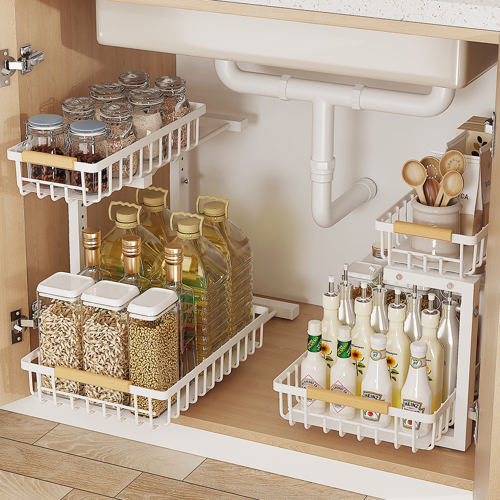 Kitchen Storage Rack Household Sink Storage Rack Adjustable Double-Layer Pull-Out Basket Multi-Functional Condiment Storage Rack