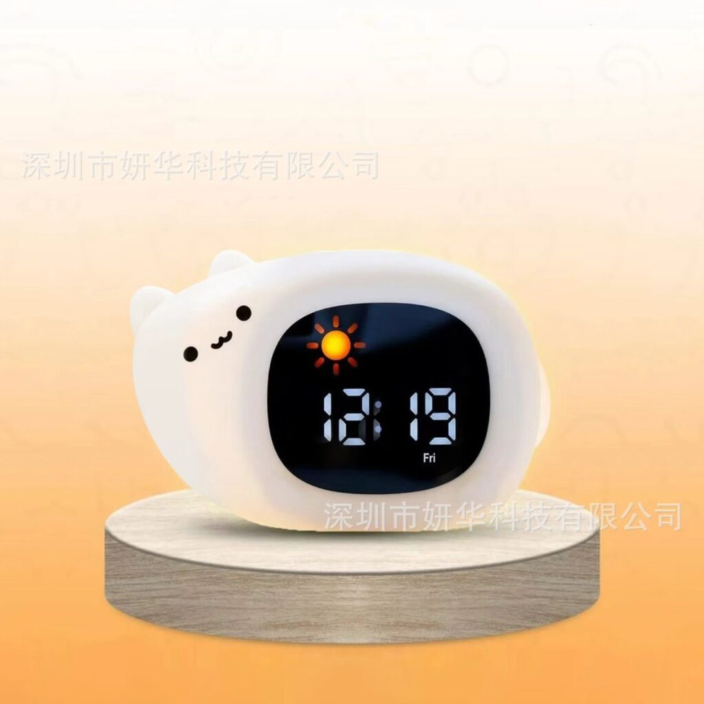 Cross Border New Kitten Silicone Alarm Clock Children Sunrise Wake Up Sleep Training Night Light LCD Digital Alarm Clock