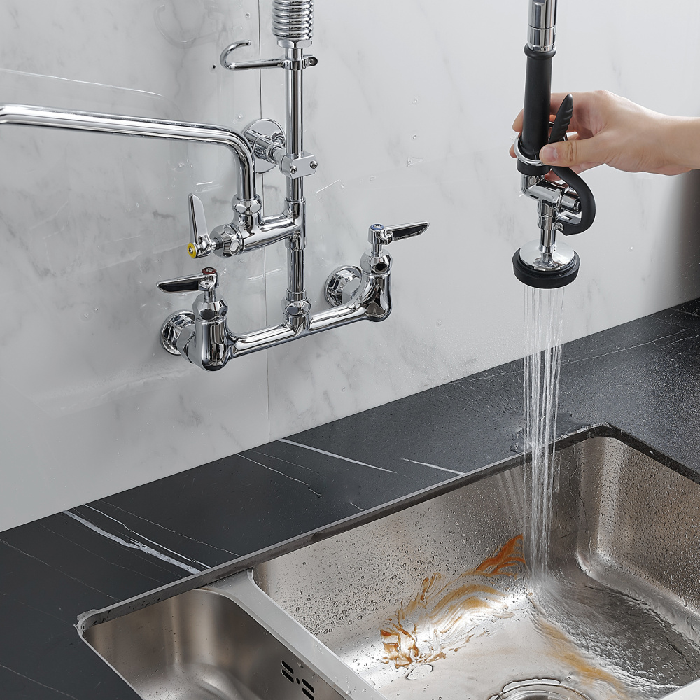 Commercial Kitchen Faucet Deck Mount with Pre-Rinse Sprayer 21" Height Kitchen Sink Faucet 8 Inch Center with 10" Add-on Swing Spout Faucet & Coiled Spring Pull Down Spray - Image 8