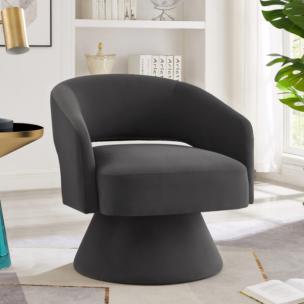 Modern Swivel Barrel Chair, Upholstered Velvet Round Accent Chairs,360 Degree Comfy Swivel Chair with Open Backrest, Single Chair Armchair for Living Room Bedroom, Homerest, Dark Gray